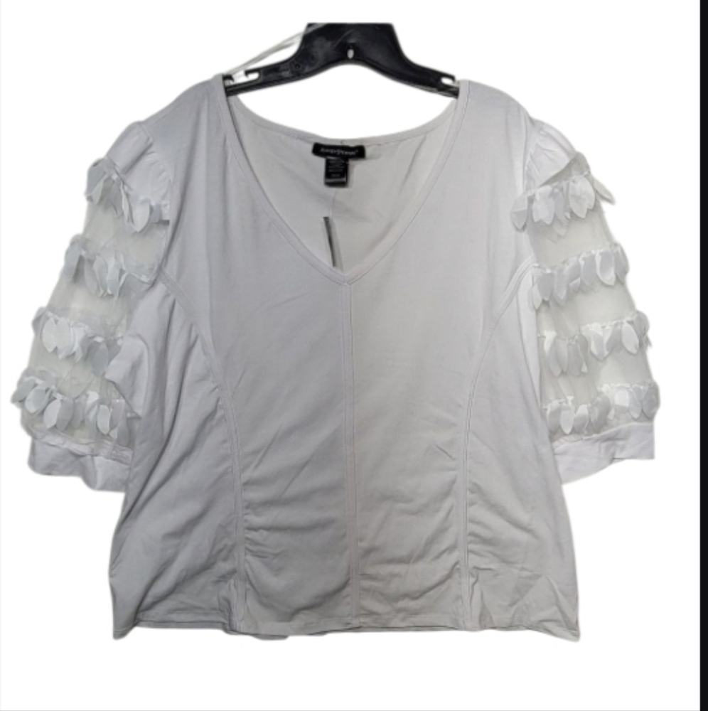 NEW 26 28 ASHLEY STEWART  EMBELLISHED WHITE SHEER SLEEVE STRETCH TOP 2X 3X NWT